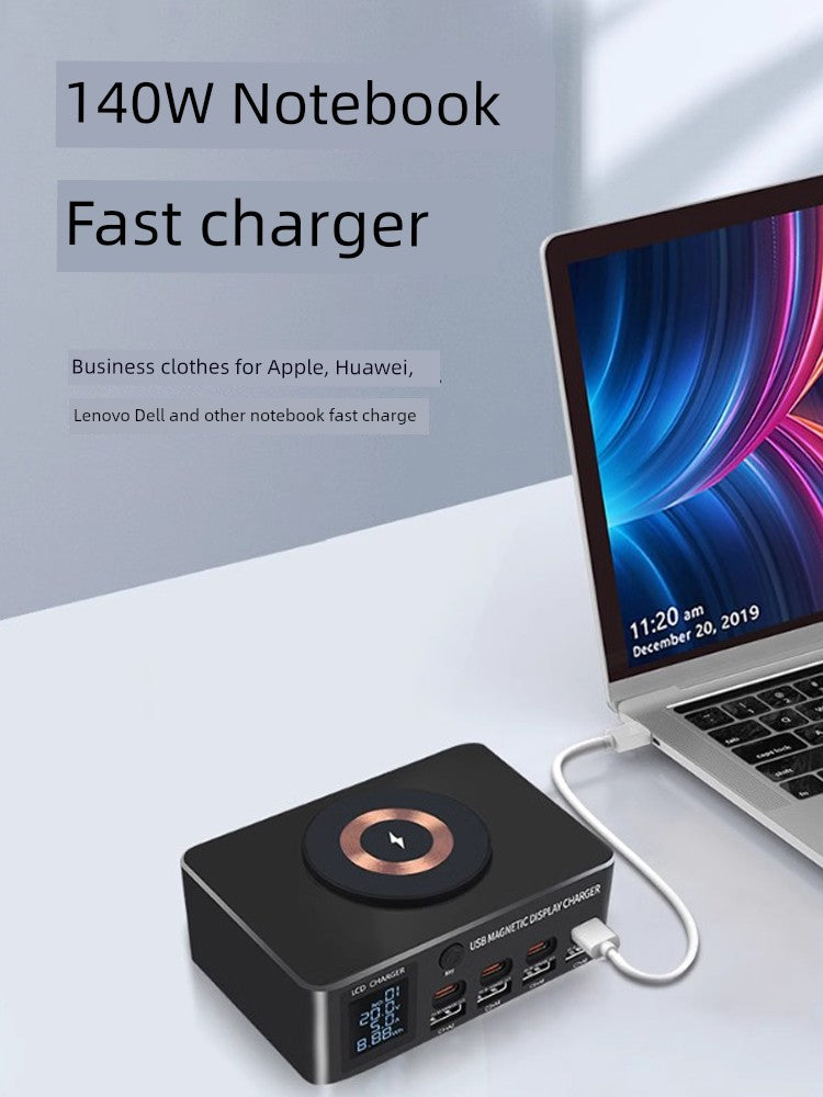 140W GaN fast charger with USB and Type-C ports connected to a laptop.