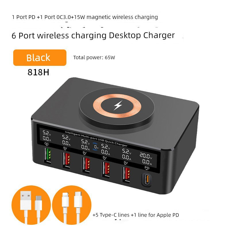 GaN fast charger with PD, 6-port desktop charging station, 100W single port output, 140W total power, USB/Type-C interfaces, magnetic wireless charging, black.