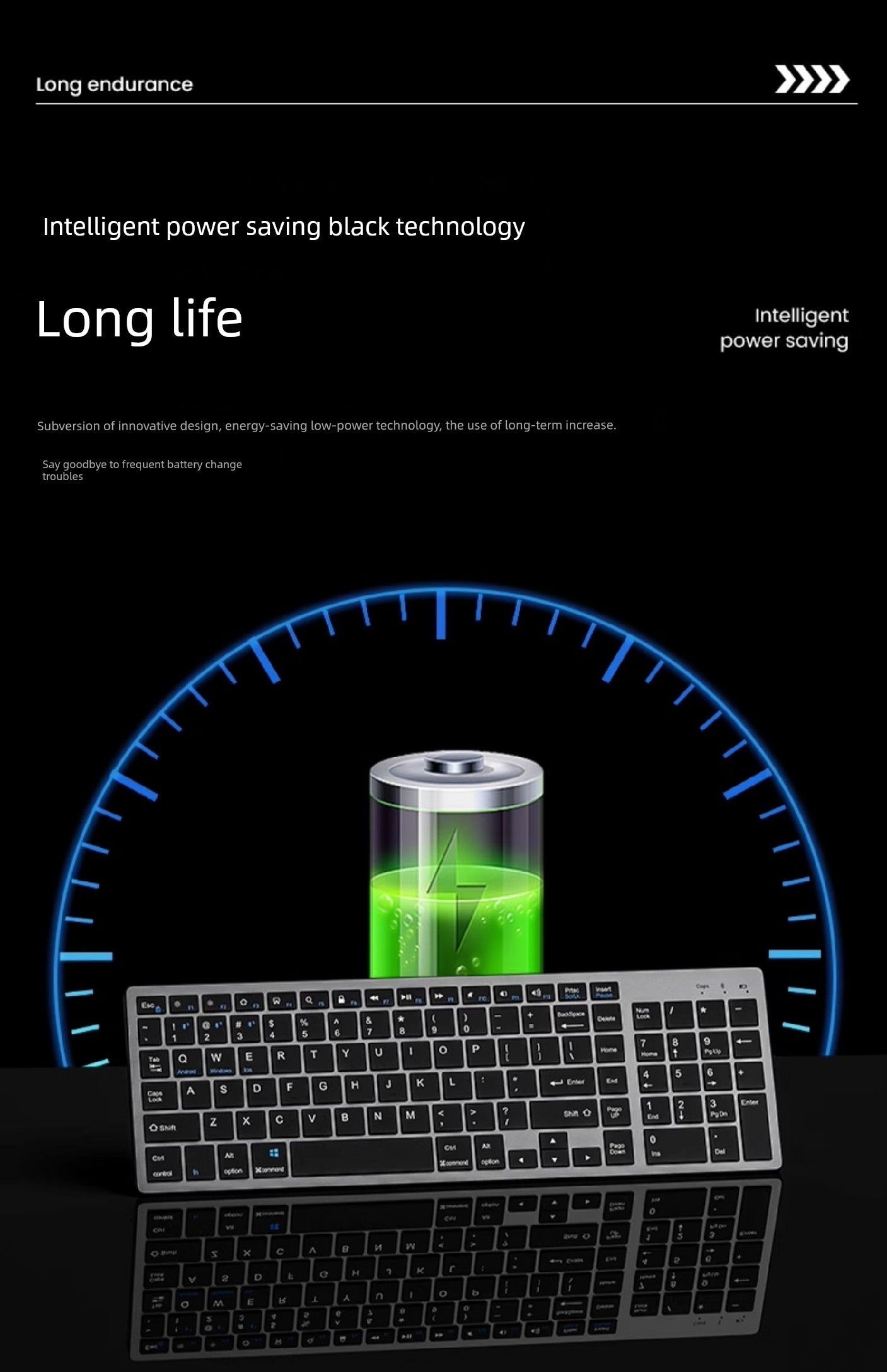 wireless rechargeable keyboard with long battery life and intelligent power-saving technology