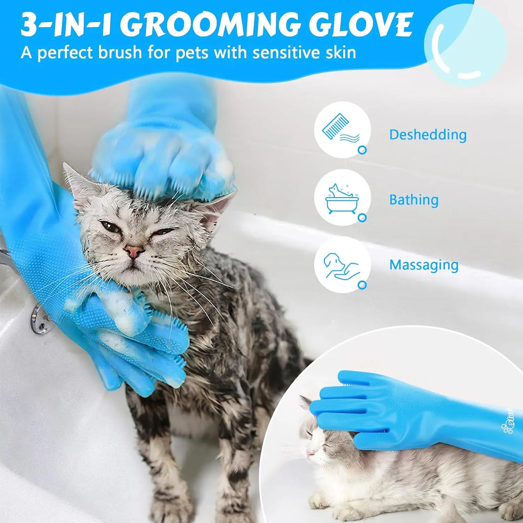 3-in-1 pet grooming gloves for deshedding, bathing, and massaging cats with sensitive skin.