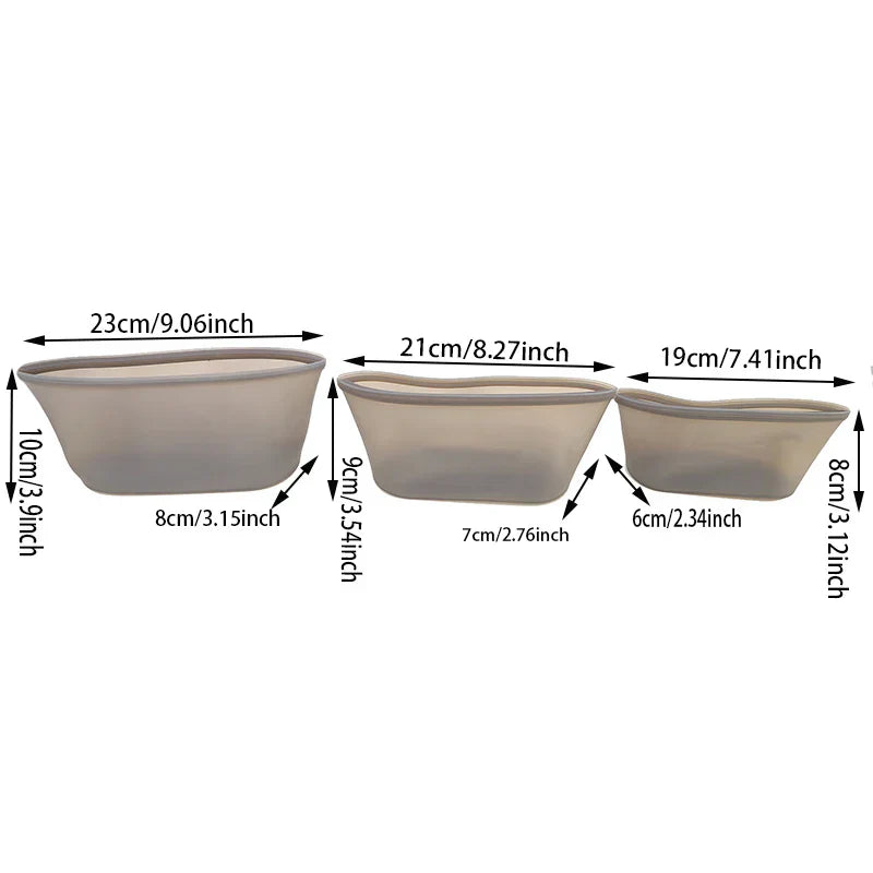 reusable silicone food storage bags in three sizes with measurements displayed