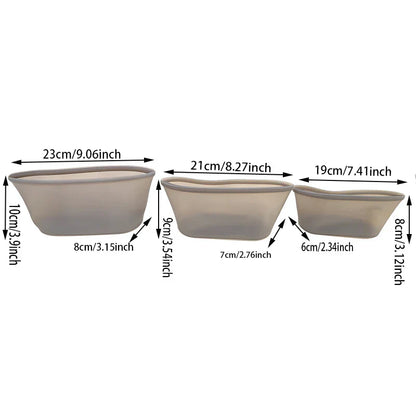 reusable silicone food storage bags in three sizes with measurements displayed