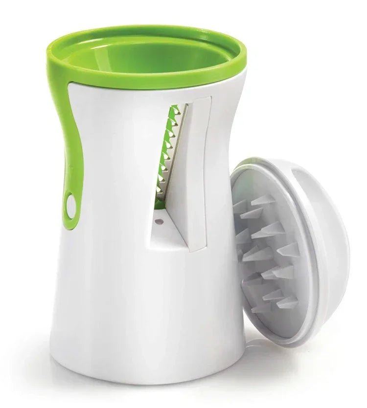 Stainless steel vegetable spiralizer with green accents and removable top.