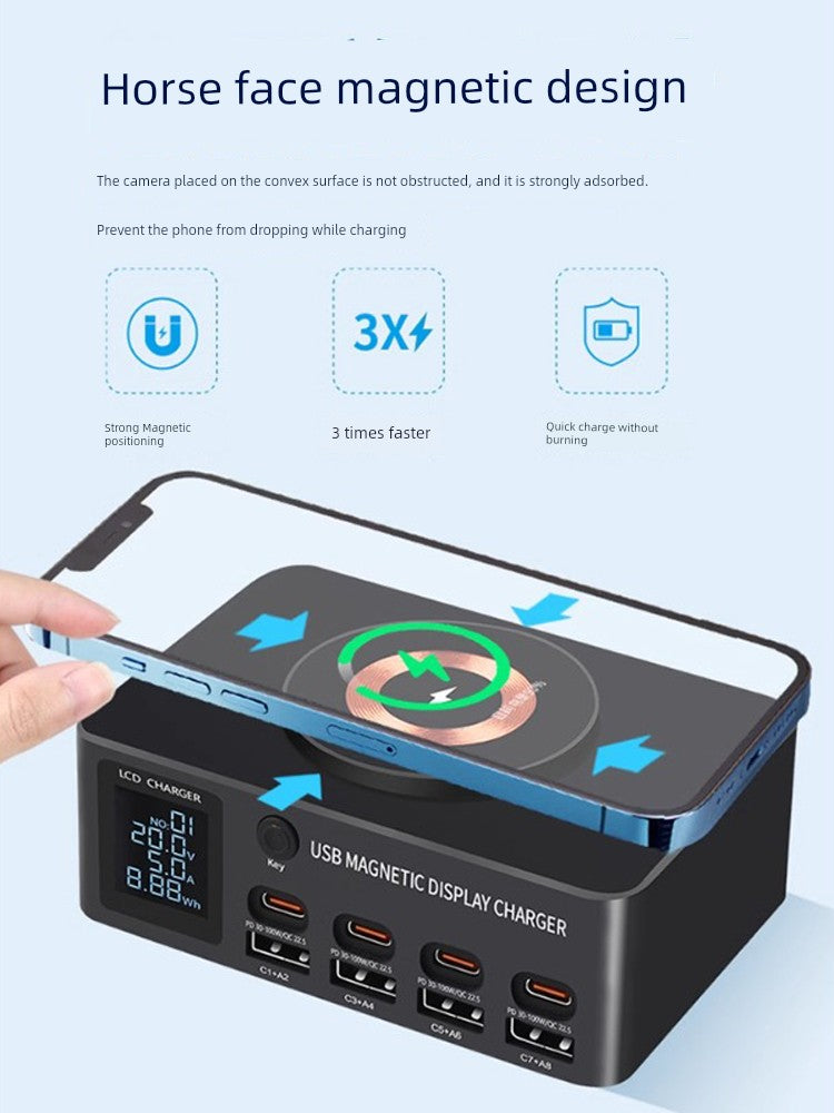 GaN fast charger with magnetic charging and display screen.