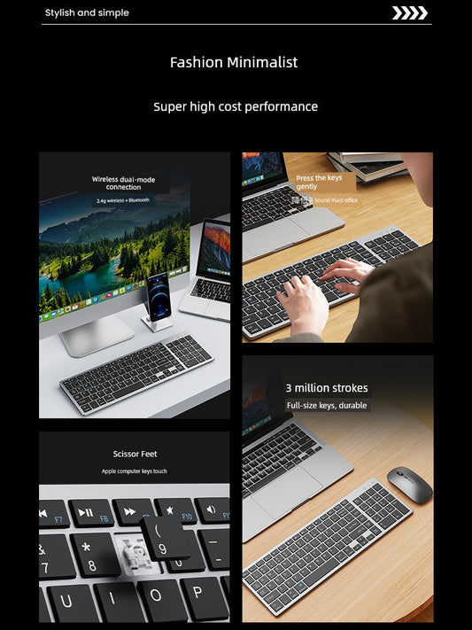 Wireless rechargeable keyboard with dual-mode connectivity, ergonomic design, and multimedia keys for office use.
