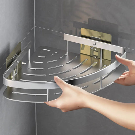 Corner shower shelf with no-drill wall mount for bathroom storage.