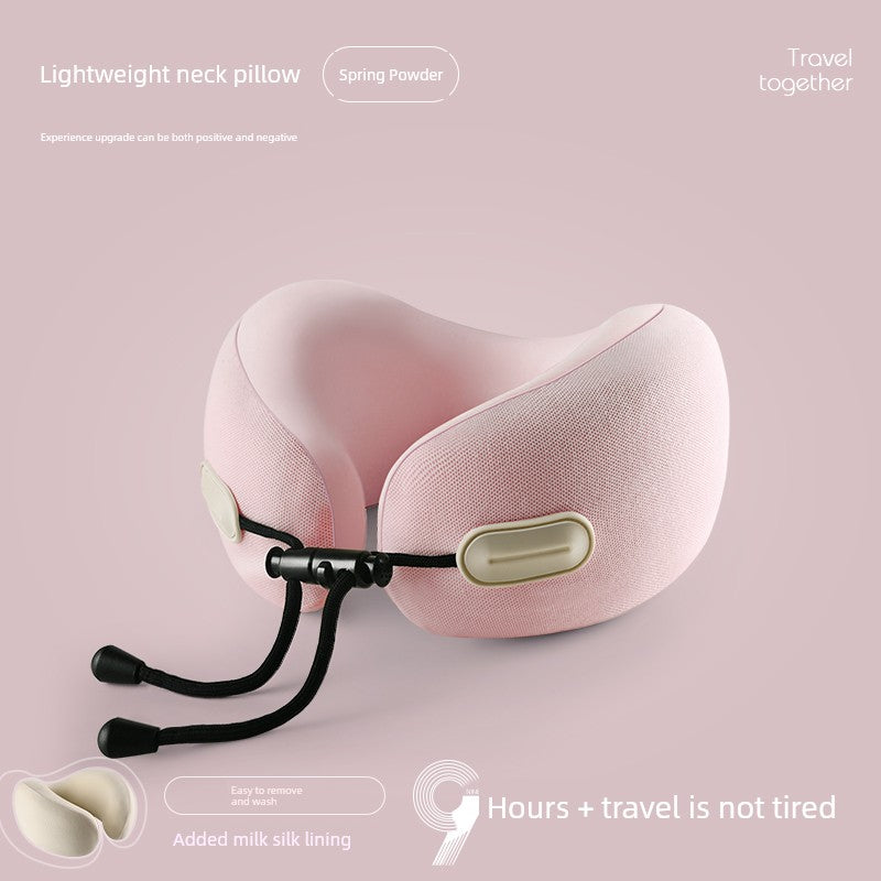 U-shaped travel pillow in pink, lightweight with memory cotton filling, designed for neck support and retractable folding, ideal for aircraft use.