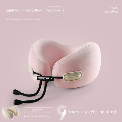 U-shaped travel pillow in pink, lightweight with memory cotton filling, designed for neck support and retractable folding, ideal for aircraft use.
