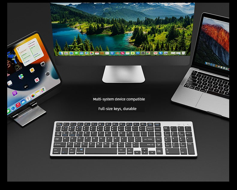wireless rechargeable keyboard compatible with multiple devices including tablet, desktop, and laptop