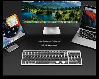 wireless rechargeable keyboard compatible with multiple devices including tablet, desktop, and laptop