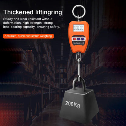 Portable luggage scale with thickened lifting ring, showing 200Kg capacity and digital display, ideal for travel and safety assurance.