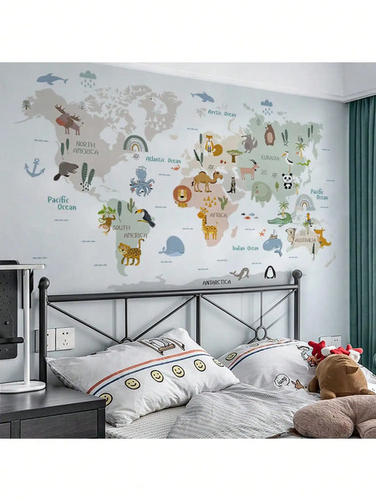 kids world map wall sticker with cartoon animal design for children’s room decoration