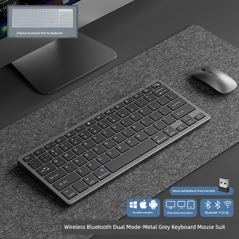 Wireless rechargeable keyboard with Bluetooth and 2.4g connectivity, ergonomic design, compatible with Windows, Android, macOS, and iOS.