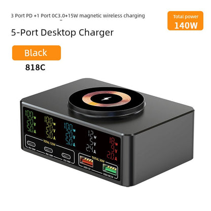 140W GaN fast charger with PD, magnetic wireless charging, USB and Type-C ports.