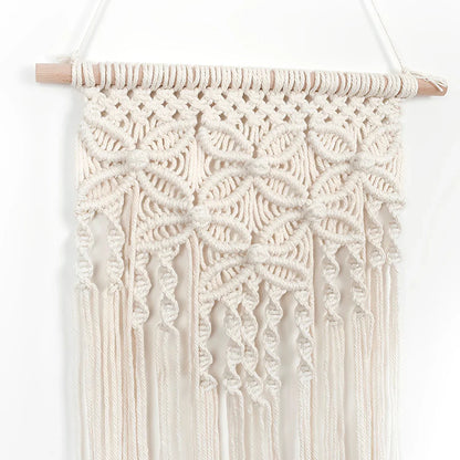Handmade ethnic macrame wall hanging tapestry with tassels in beige, crafted from cotton and wood, ideal for home decor.