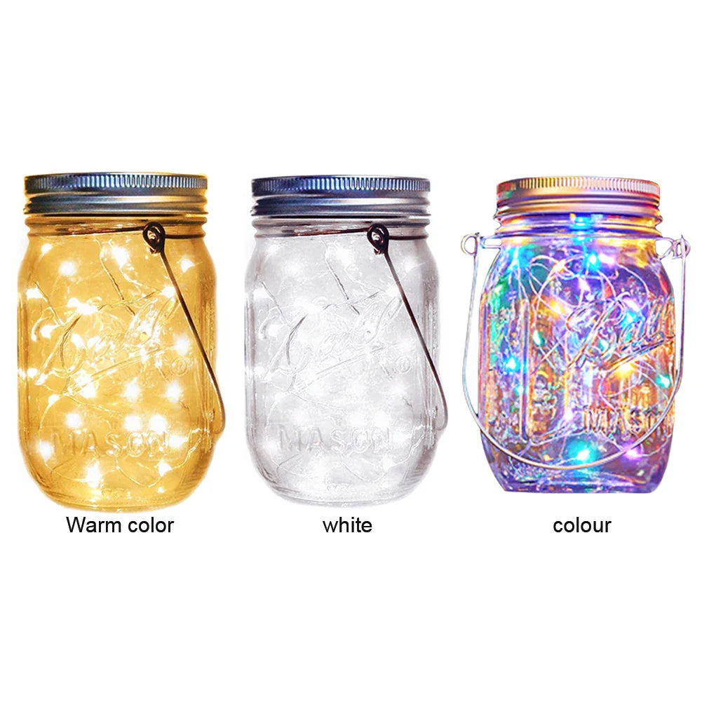 Solar mason jar lights in warm, white, and multicolor options.