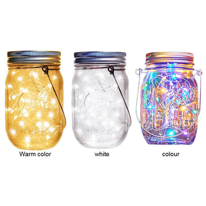 Solar mason jar lights in warm, white, and multicolor options.