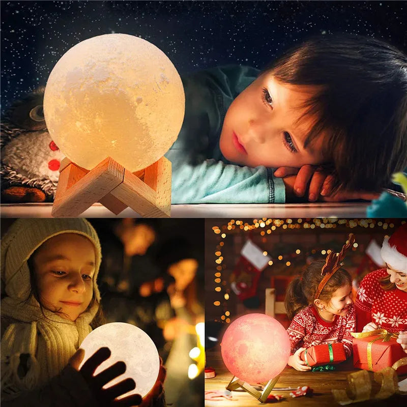 Child captivated by glowing 3D moon lamp; cozy night light with wooden stand, perfect for children's room or holiday ambiance.