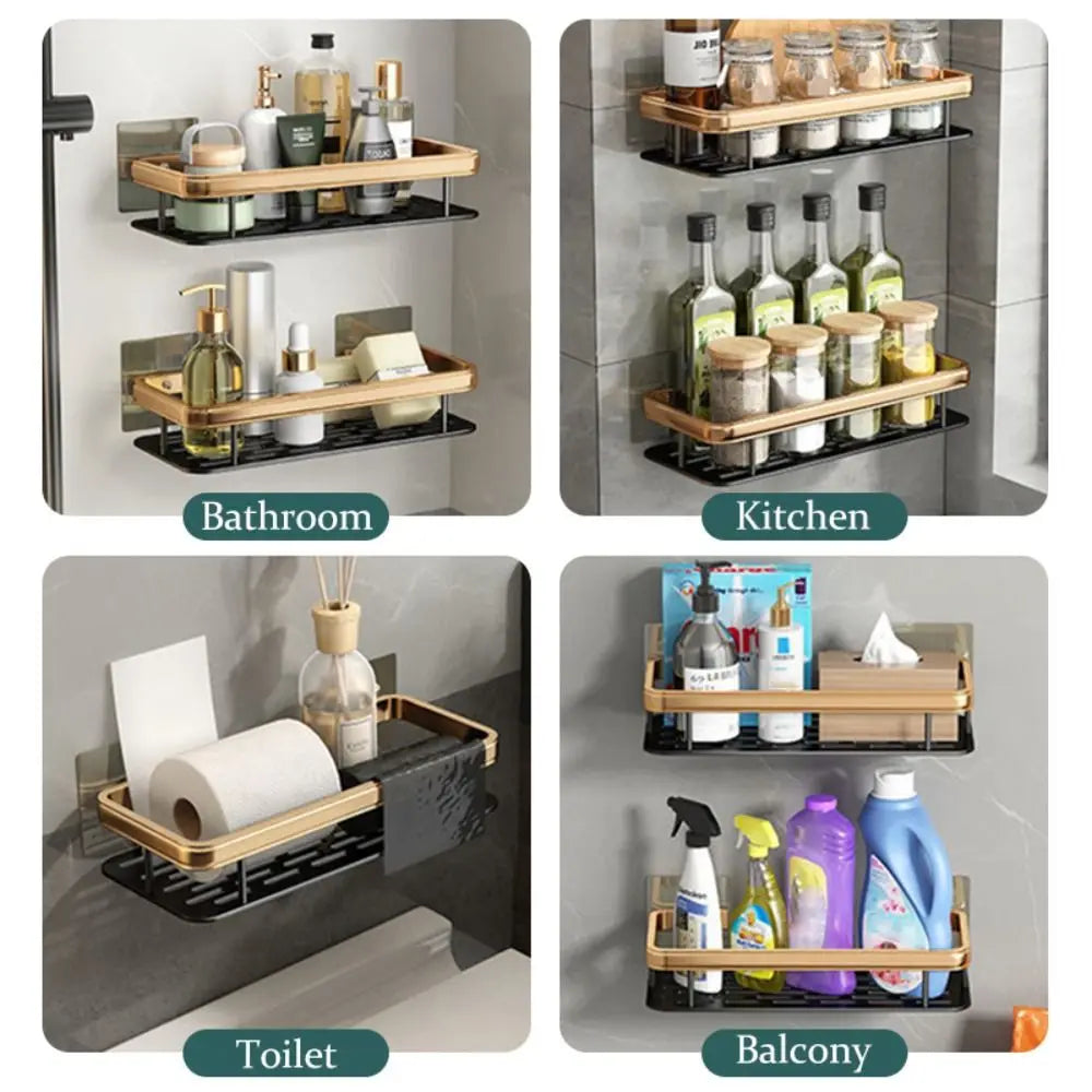 Wall-mounted no drill shower shelf for bathroom, kitchen, and balcony storage.