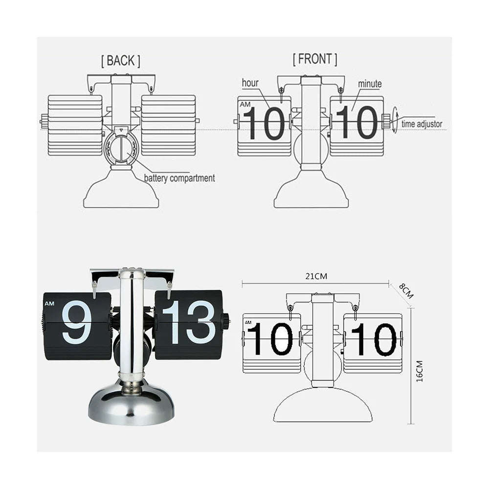 Small Scale Table Clock Retro Flip Over Clock Stainless Steel Flip Internal Gear Operated Quartz Clock Black/White