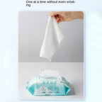 Pet wipes for cats and dogs, 80 pieces per pack, with hand pulling one wipe from blue packaging.