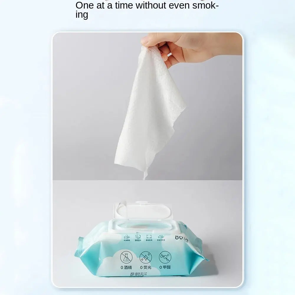 Pet wipes for cats and dogs, 80 pieces per pack, with hand pulling one wipe from blue packaging.