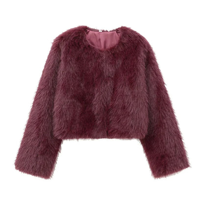 Faux fur jacket Traf 2024 Fall/Winter New Fashion Women's Faux Fur Effect Round Neck Long Sleeve Short Jacket