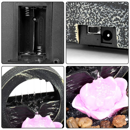 Mini indoor tabletop fountain with light, featuring a lotus flower design, USB/battery powered, ideal for relaxation and meditation.