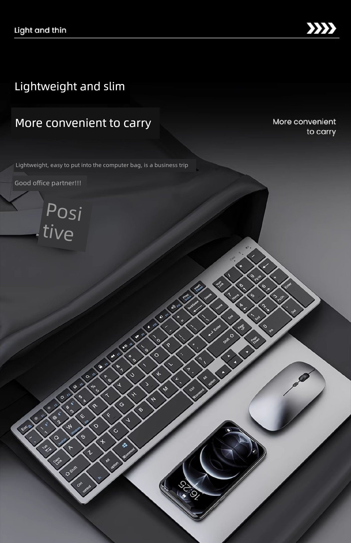 Slim wireless rechargeable keyboard next to portable mouse and smartphone on sleek surface.