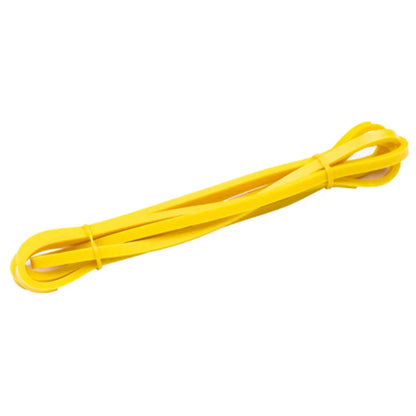 Yellow rubber resistance band for fitness and bodybuilding workouts.