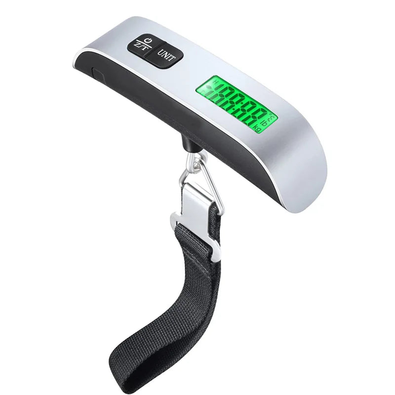 Portable digital luggage scale with LCD display, braided strap, and metal hook for travel use.