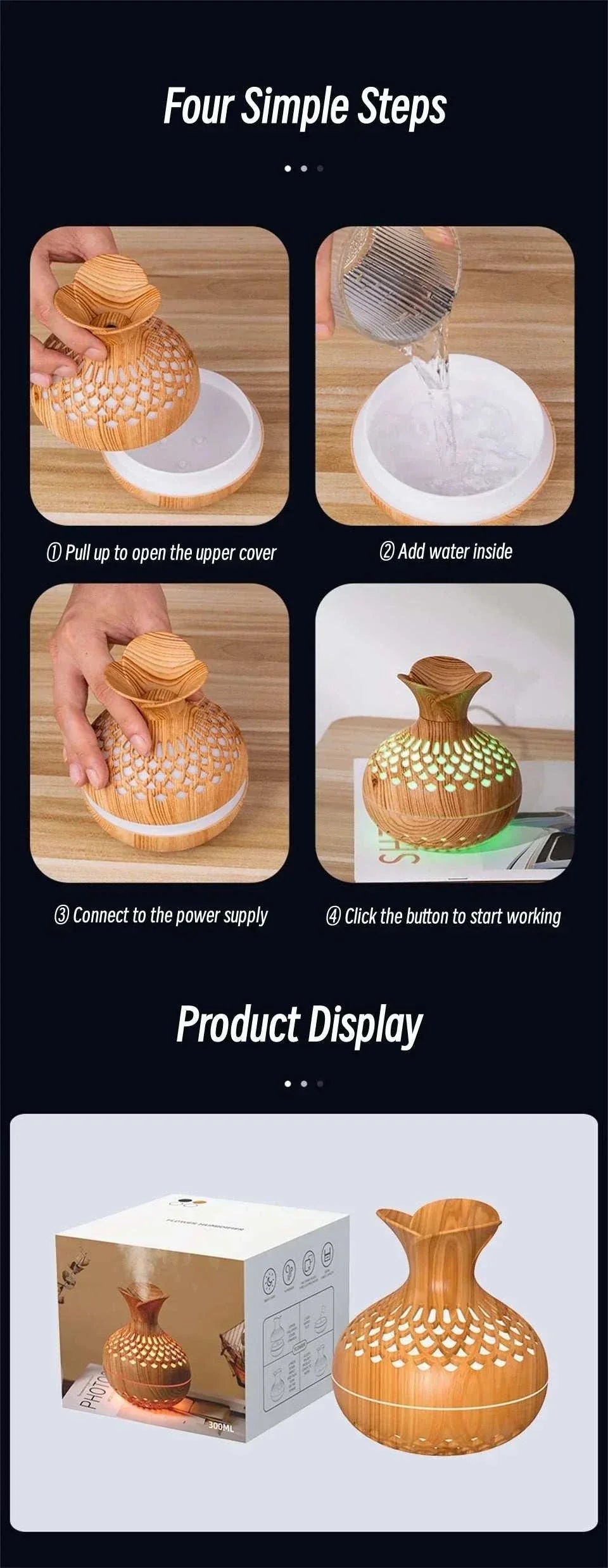 Wood grain humidifier setup steps and product display with packaging.