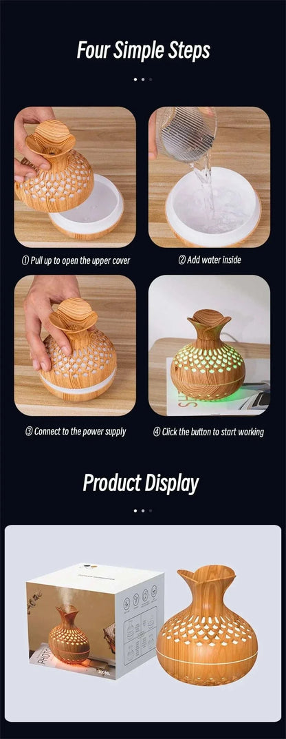 Wood grain humidifier setup steps and product display with packaging.
