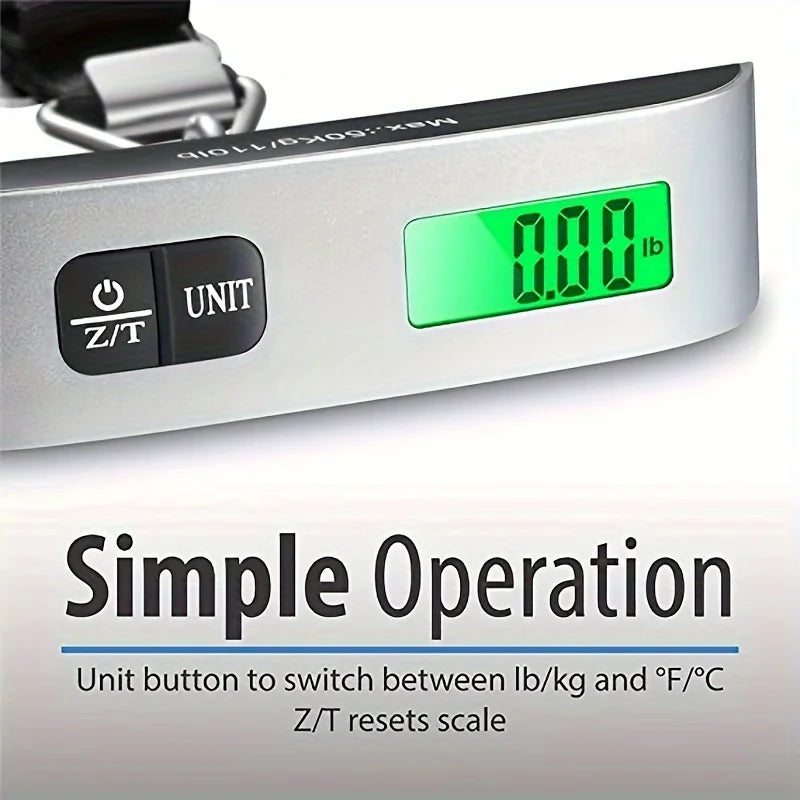 digital luggage scale with LCD display and unit conversion buttons