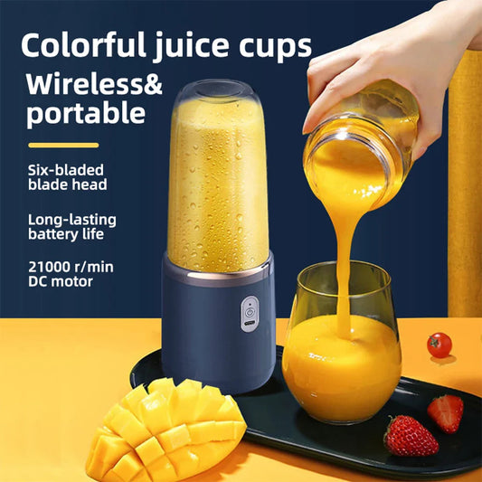 Portable fruit juice blender with six-bladed head, 21000 r/min DC motor, wireless & portable design, and colorful juice cups.