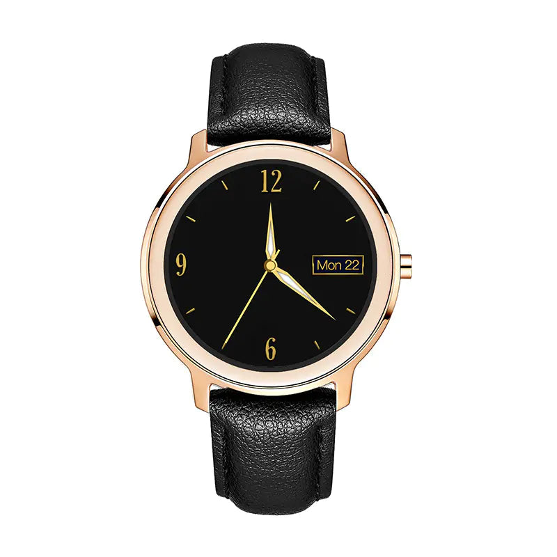 smartwatch heart rate customization with black leather strap and gold-tone casing showing analog clock face and date display