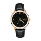 smartwatch heart rate customization with black leather strap and gold-tone casing showing analog clock face and date display