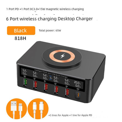 GaN fast charger with PD, featuring multiple USB ports and a magnetic wireless charging pad, total power 65W.
