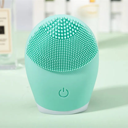 Electric facial cleansing brush with silicone bristles for deep skin cleaning and massage.