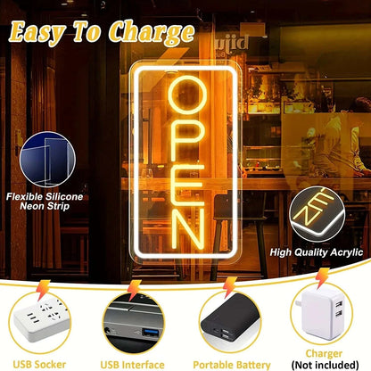 Vertical open neon sign, LED wall light for clubs, restaurants, cafes, USB powered.