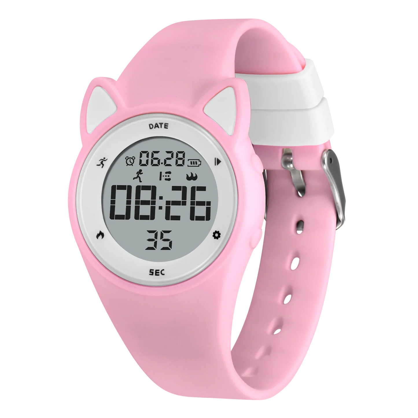 Kids fitness tracker watch with pink silicone band and digital LED display.