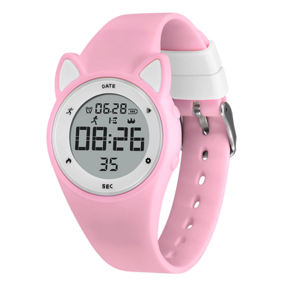 Kids fitness tracker watch with pink silicone band and digital LED display.