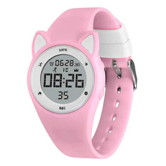 Kids fitness tracker watch with pink silicone band and digital LED display.