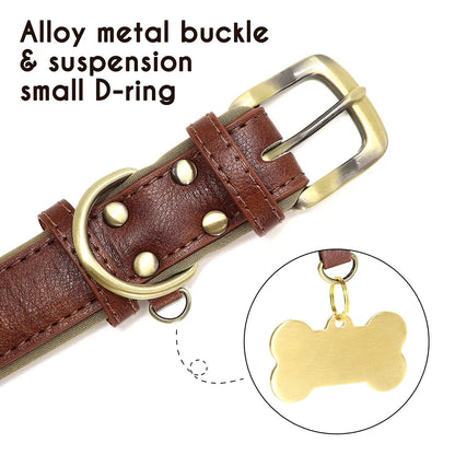 Brown leather dog collar with metal buckle and D-ring featuring a bone-shaped ID tag.