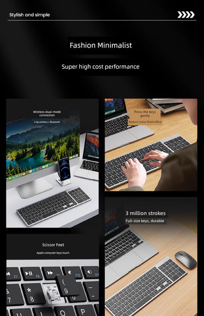 Minimalist wireless rechargeable keyboard setup with laptop, emphasizing high performance and durability.