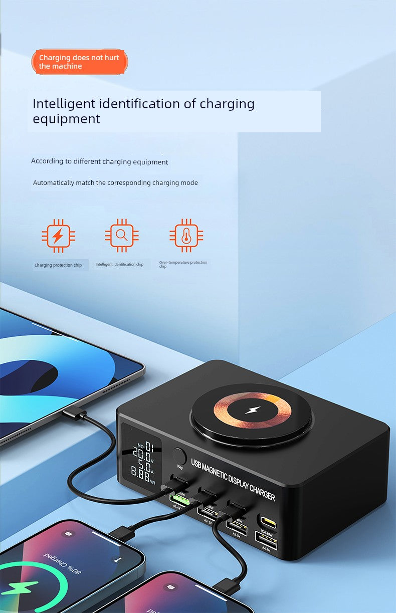GaN fast charger with multiple ports and magnetic charging capability.