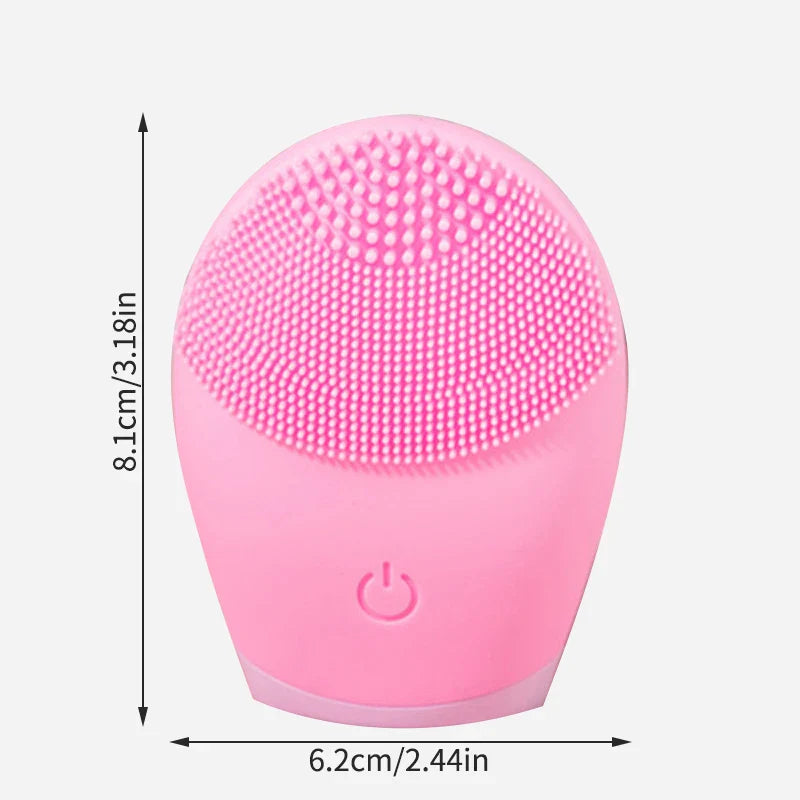 Pink electric facial cleansing brush with silicone bristles, measuring 8.1cm x 6.2cm, designed for effective skin cleansing and massage.