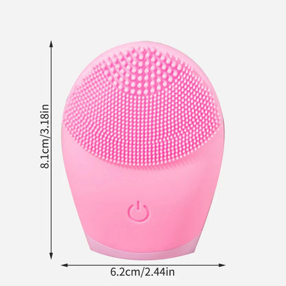 Pink electric facial cleansing brush with silicone bristles, measuring 8.1cm x 6.2cm, designed for effective skin cleansing and massage.