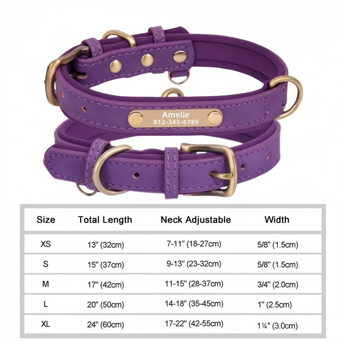 Leather custom dog collar in purple with engraved nameplate, adjustable size chart for small to large dogs.