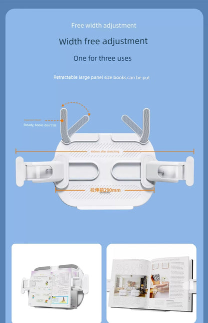 adjustable book holder for bed with retractable arms for multiple book sizes